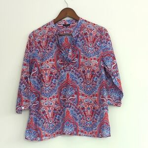 Talbots‎ Popover Blouse Petite Size Blue Red Paisley Art Ruffle V Neck Medium